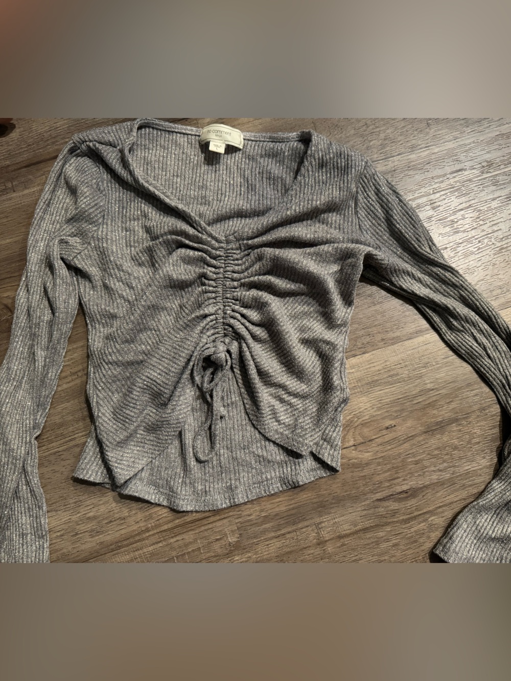 Ruched Long Sleeve Ribbed Top - Gray